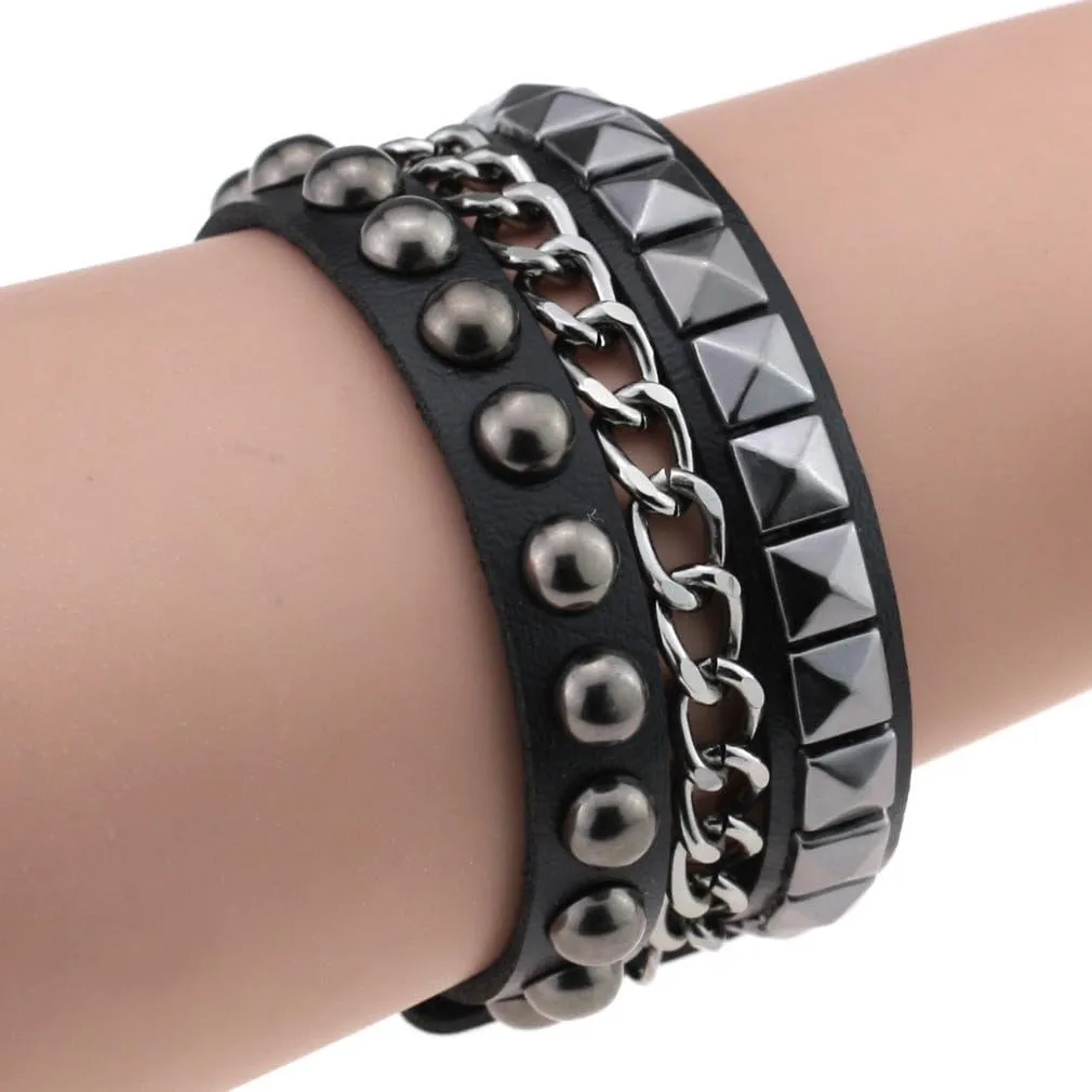 2pcs Punk Leather Cuff Bracelets - Goth Rock Leather Wristbands with Chain for Party