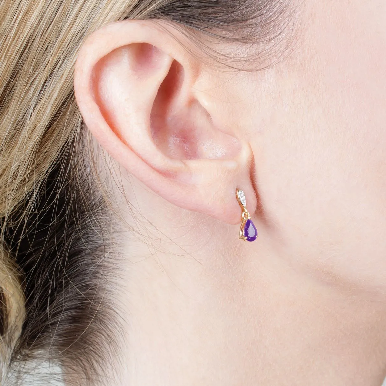 9 karat Gelbes Gold Amethyst & Diamant Fallen/ Lang Ohrringe