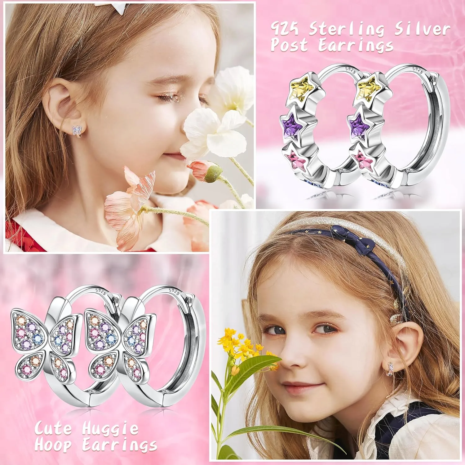 925 Sterling Silver Post Small Hoop Earrings For Girls - Hypoallergenic Huggie Earrings for Women Cute Heart Flowers Butterfly Star Cubic Zirconia Cartilage Earrings For Sensitive Ears 4Pairs