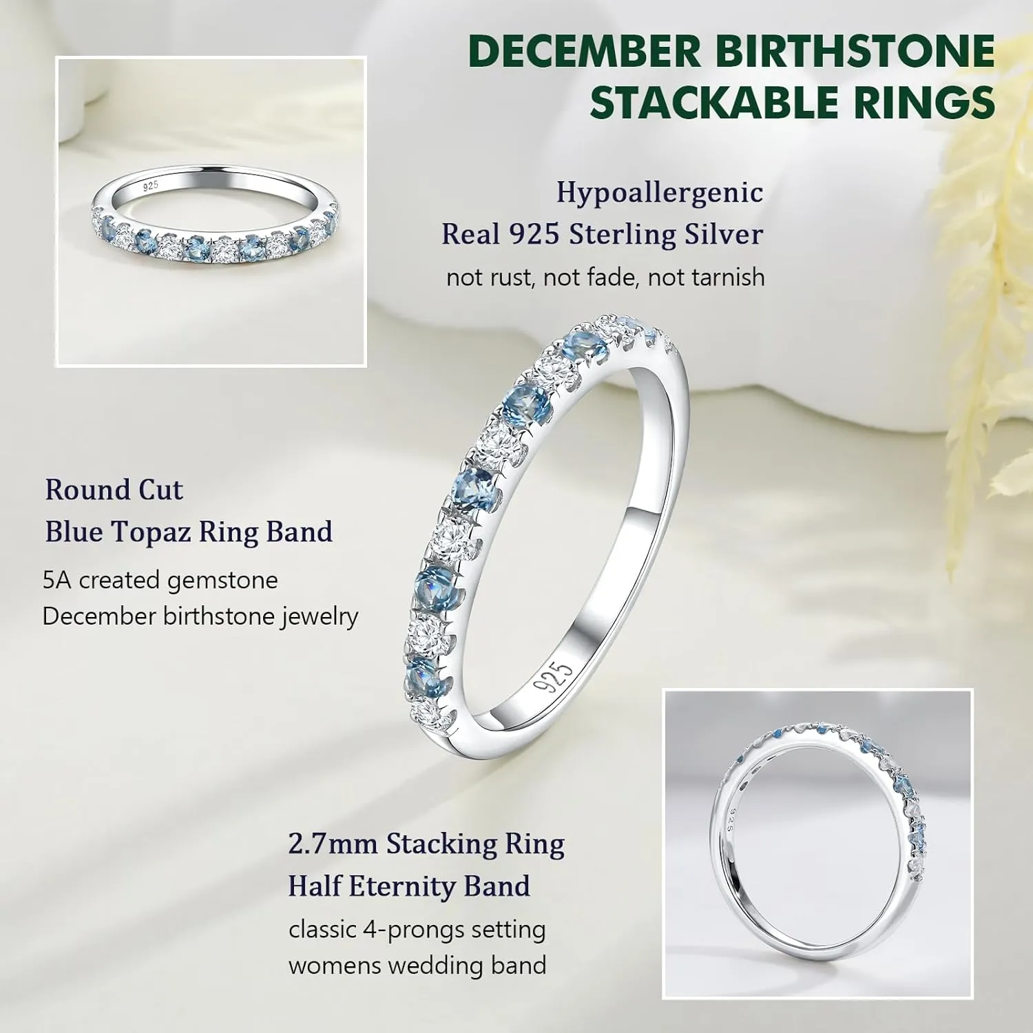 Birthstone Rings Eternity Band 925 Sterling Silver/Yellow Gold Created Gemstone Stackable Wedding Band Half Eternity Rings for Women Size 6 to 10