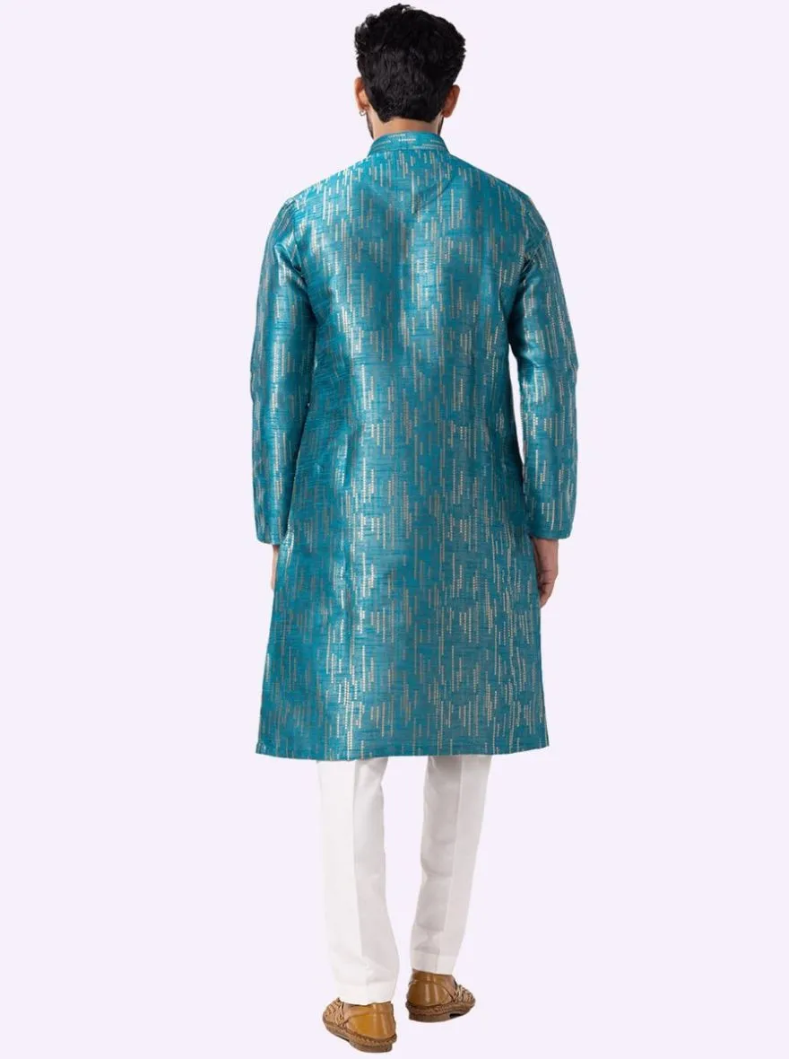 Charming Ice Blue Self-Textured Kurta For Men