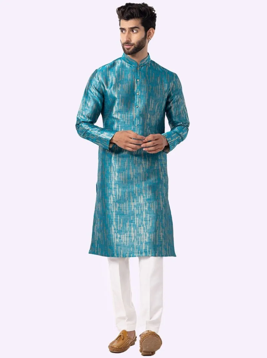 Charming Ice Blue Self-Textured Kurta For Men