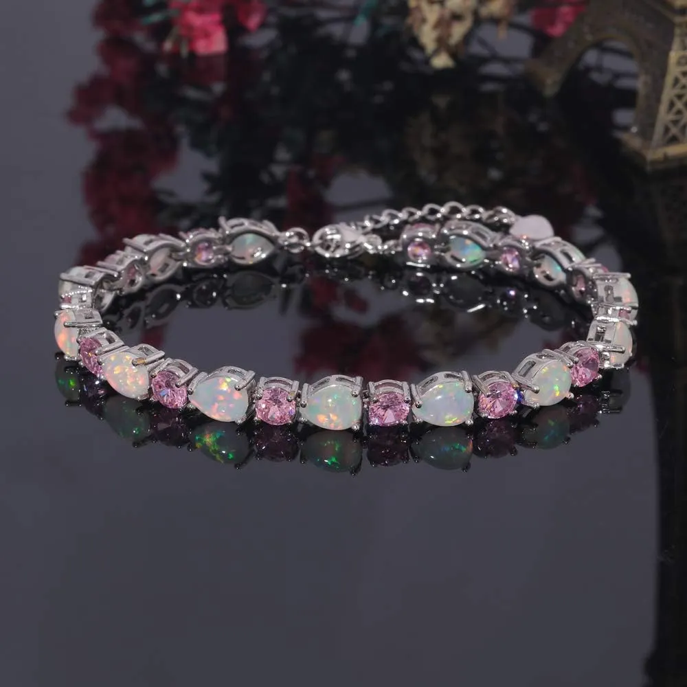 CiNily Opal Tennis Bracelet October Birthstone Bracelets for Women 14K White Gold Plated Oval Fire Opal Jewelry