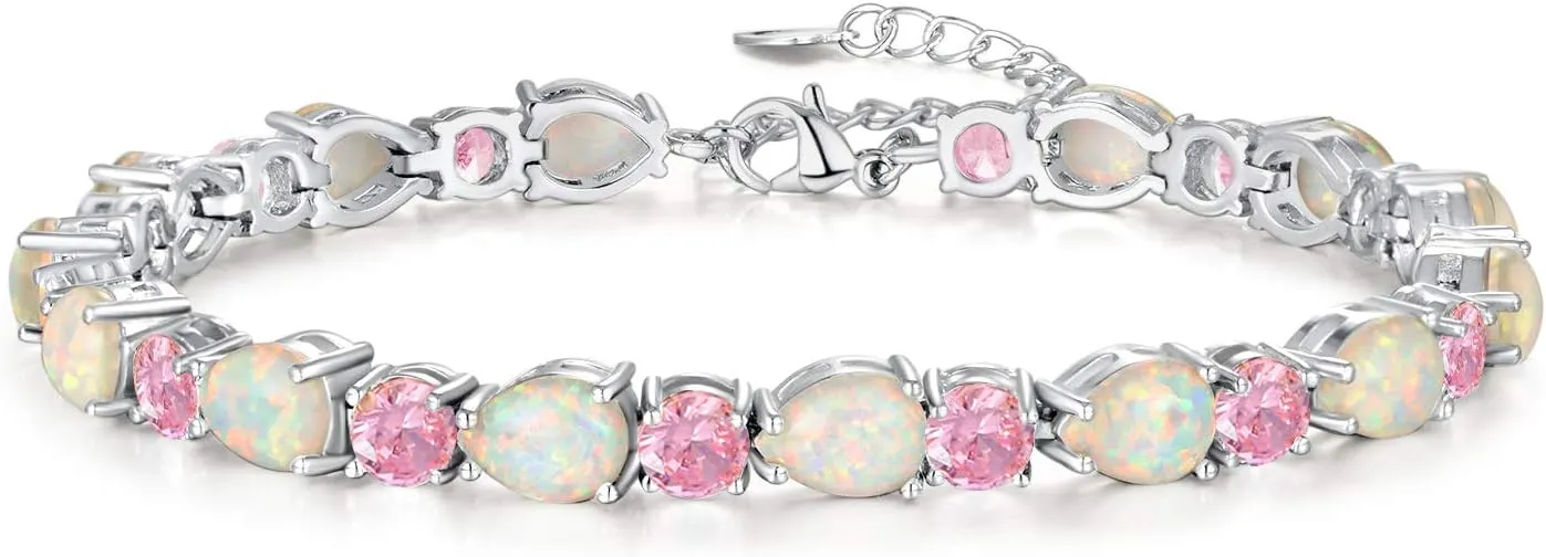 CiNily Opal Tennis Bracelet October Birthstone Bracelets for Women 14K White Gold Plated Oval Fire Opal Jewelry