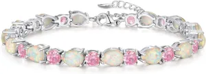 CiNily Opal Tennis Bracelet October Birthstone Bracelets for Women 14K White Gold Plated Oval Fire Opal Jewelry