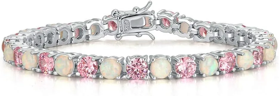 CiNily Tennis Bracelet for Women Girls Fire Opal 18K White Gold Plated Women Jewelry Gemstone Bracelet 7 5/8"
