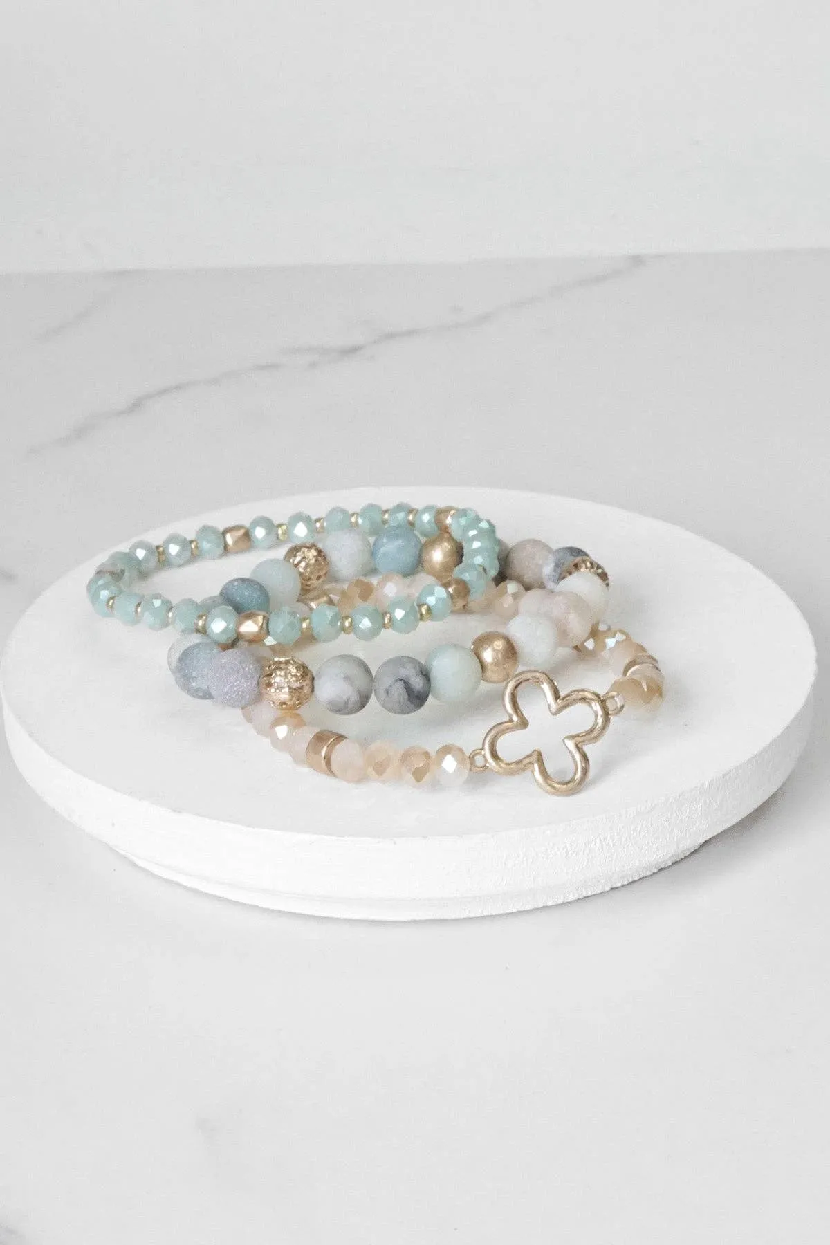 Clover Beaded Bracelet Set Semi Precious Gold Amazonite