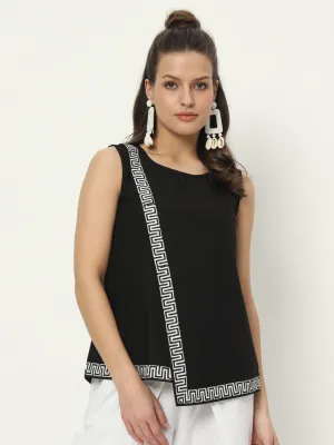 Cotton Asymmetric Border Print Top