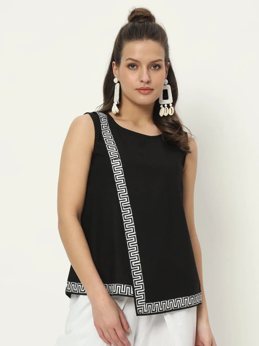 Cotton Asymmetric Border Print Top