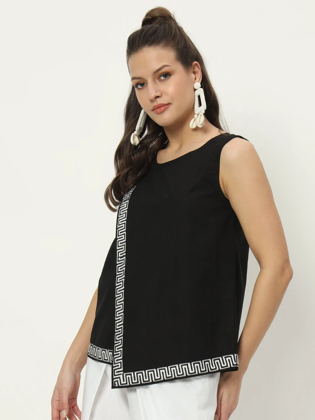 Cotton Asymmetric Border Print Top