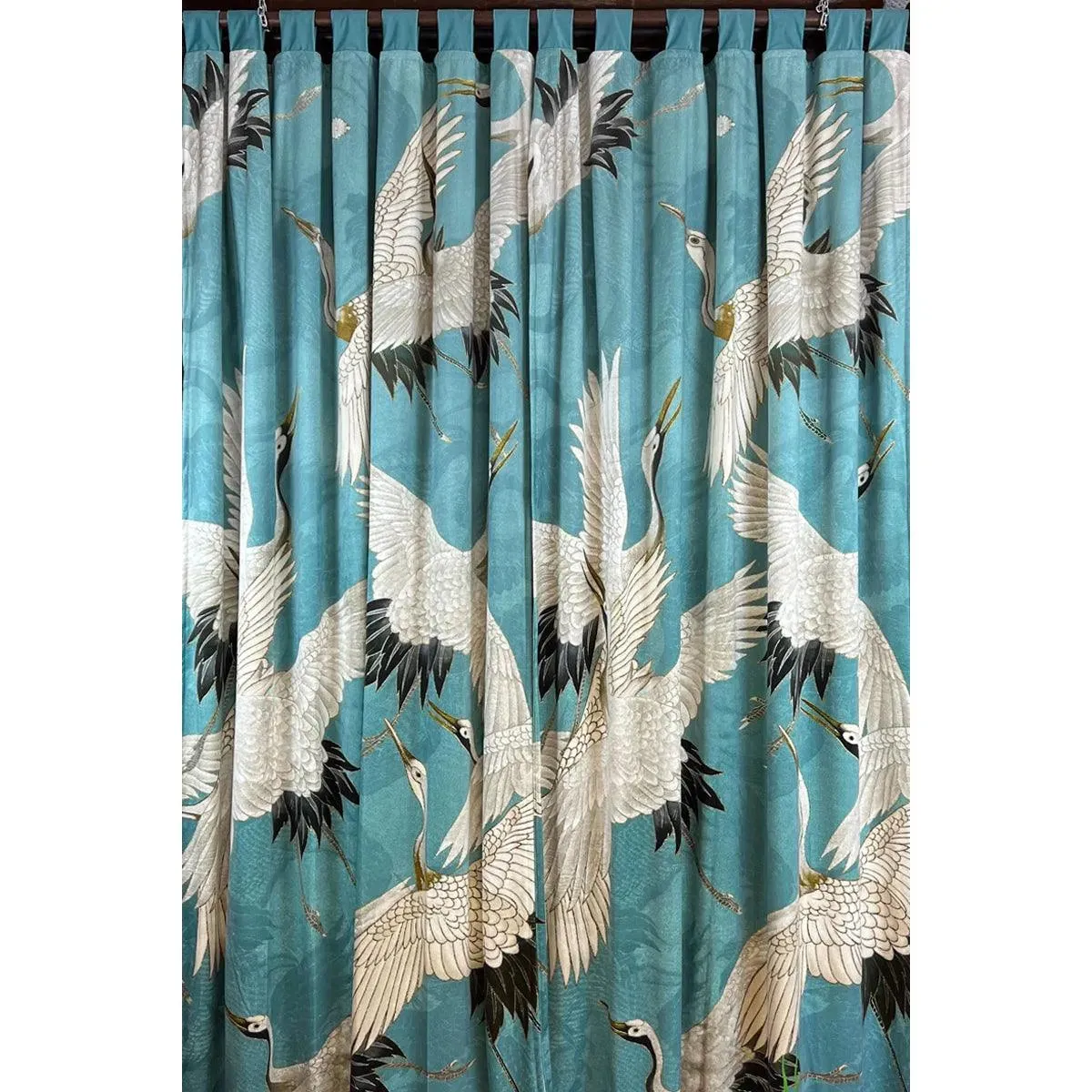 Crane Duck Egg Printed Velvet Panel Curtain