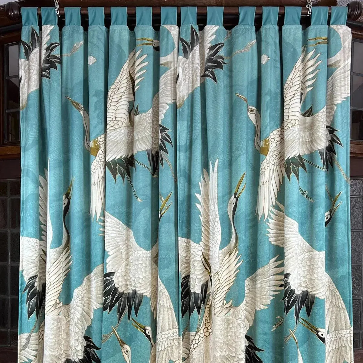 Crane Duck Egg Printed Velvet Panel Curtain