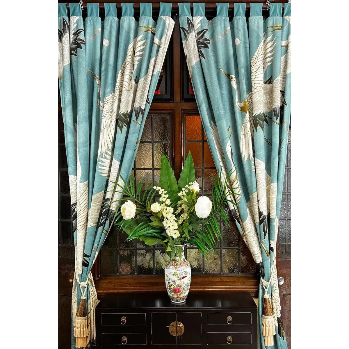 Crane Duck Egg Printed Velvet Panel Curtain