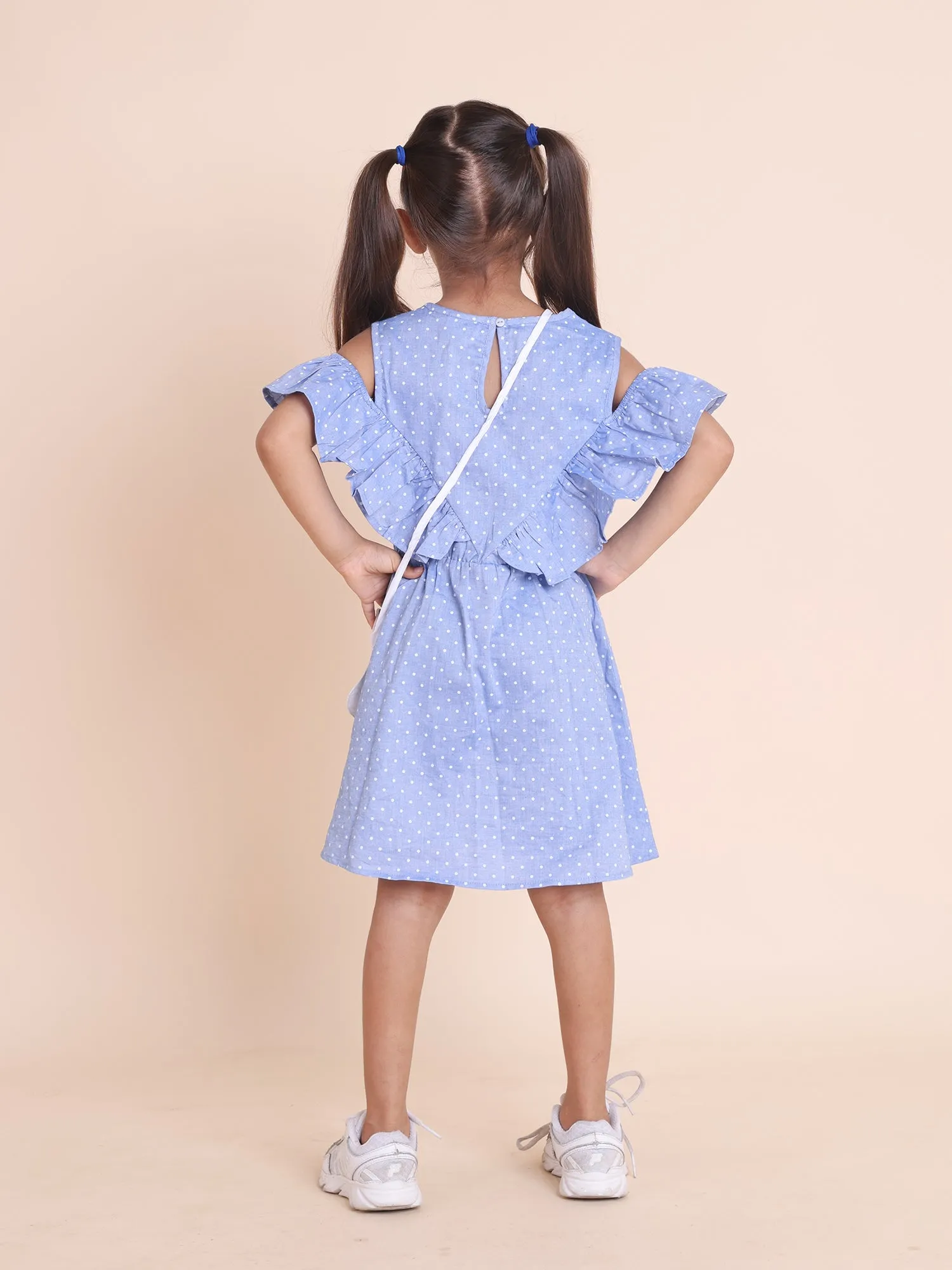Denim Polka Dot Cold Shoulder Dress with Flower Sling