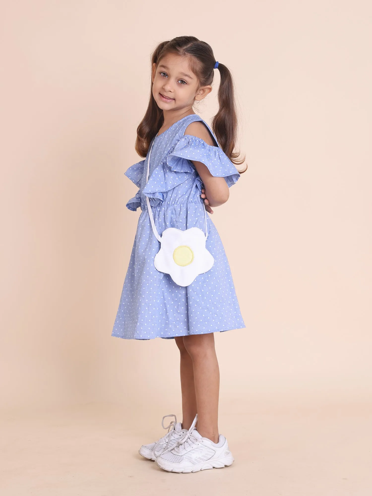 Denim Polka Dot Cold Shoulder Dress with Flower Sling