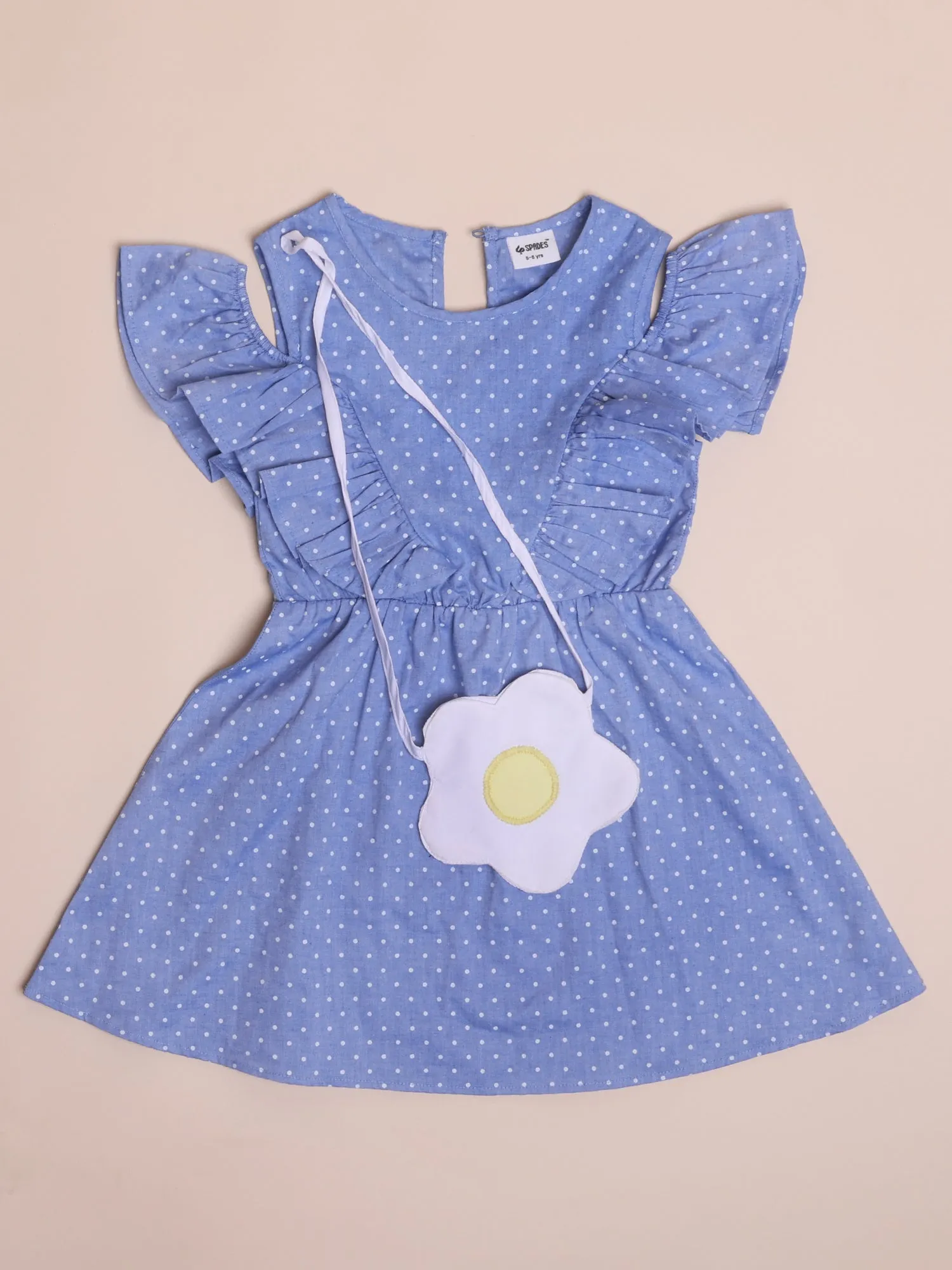 Denim Polka Dot Cold Shoulder Dress with Flower Sling
