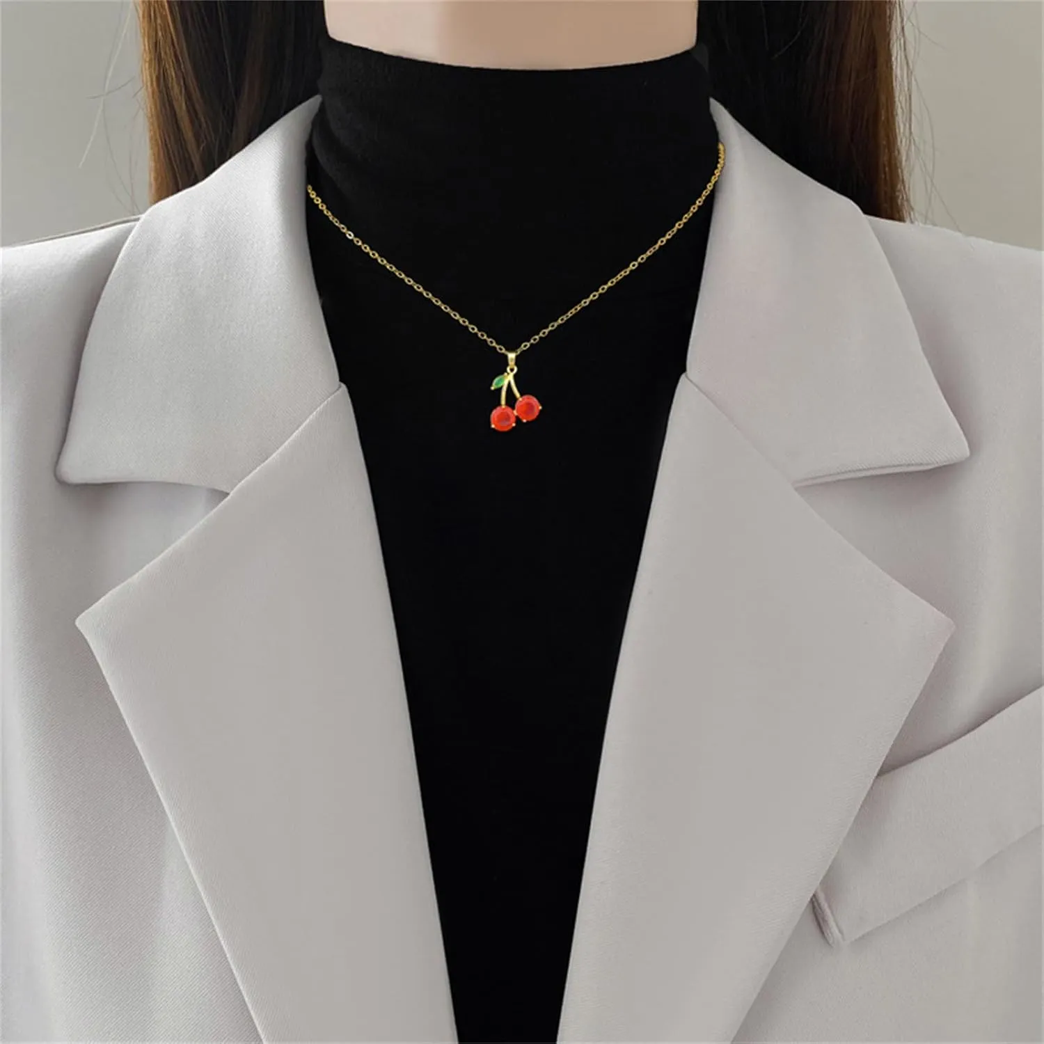 Dreuyet Red Crystal Cherry Earrings Necklace Set for Women Personalized Creative Cherry Fruit Huggies Hoop Earring Pendant Necklace Cute Summer Tropical Fruit Green Leaf Charm Jewelry