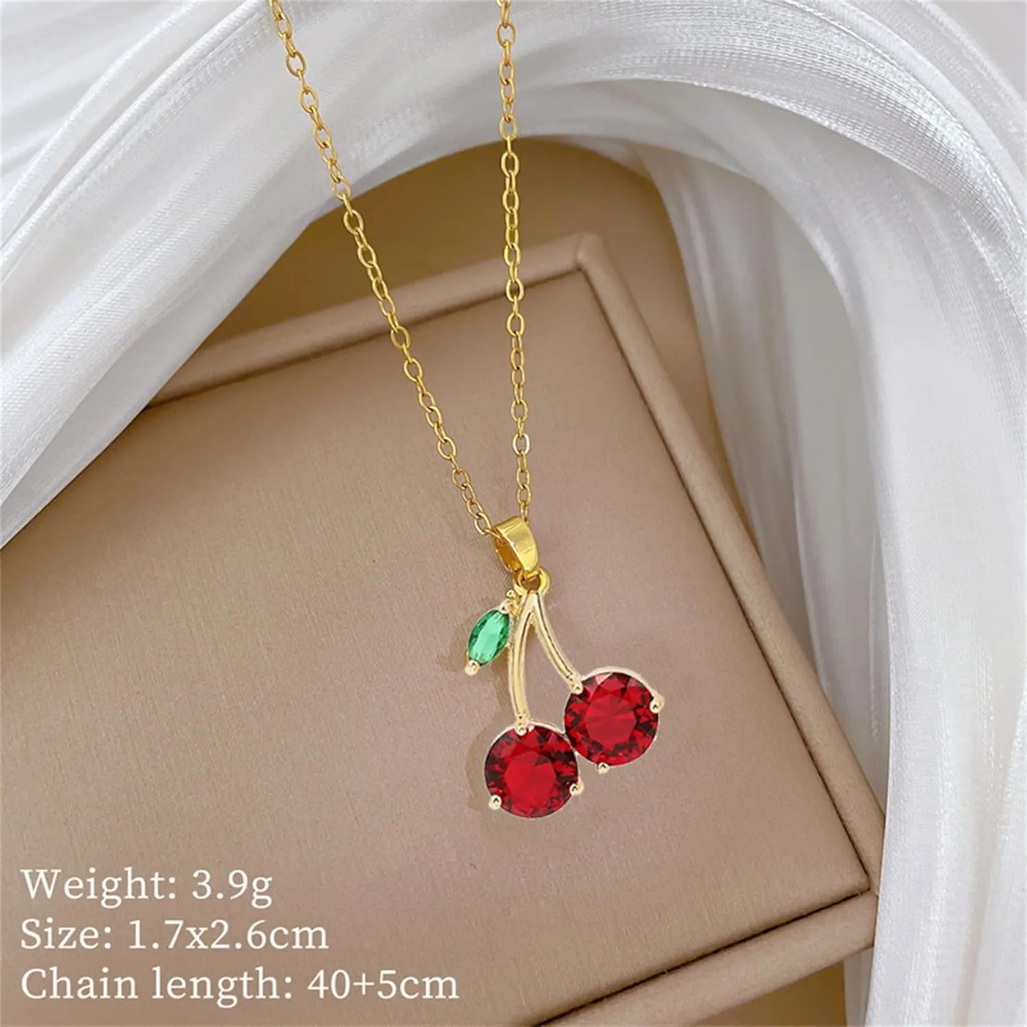 Dreuyet Red Crystal Cherry Earrings Necklace Set for Women Personalized Creative Cherry Fruit Huggies Hoop Earring Pendant Necklace Cute Summer Tropical Fruit Green Leaf Charm Jewelry