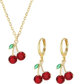 Dreuyet Red Crystal Cherry Earrings Necklace Set for Women Personalized Creative Cherry Fruit Huggies Hoop Earring Pendant Necklace Cute Summer Tropical Fruit Green Leaf Charm Jewelry