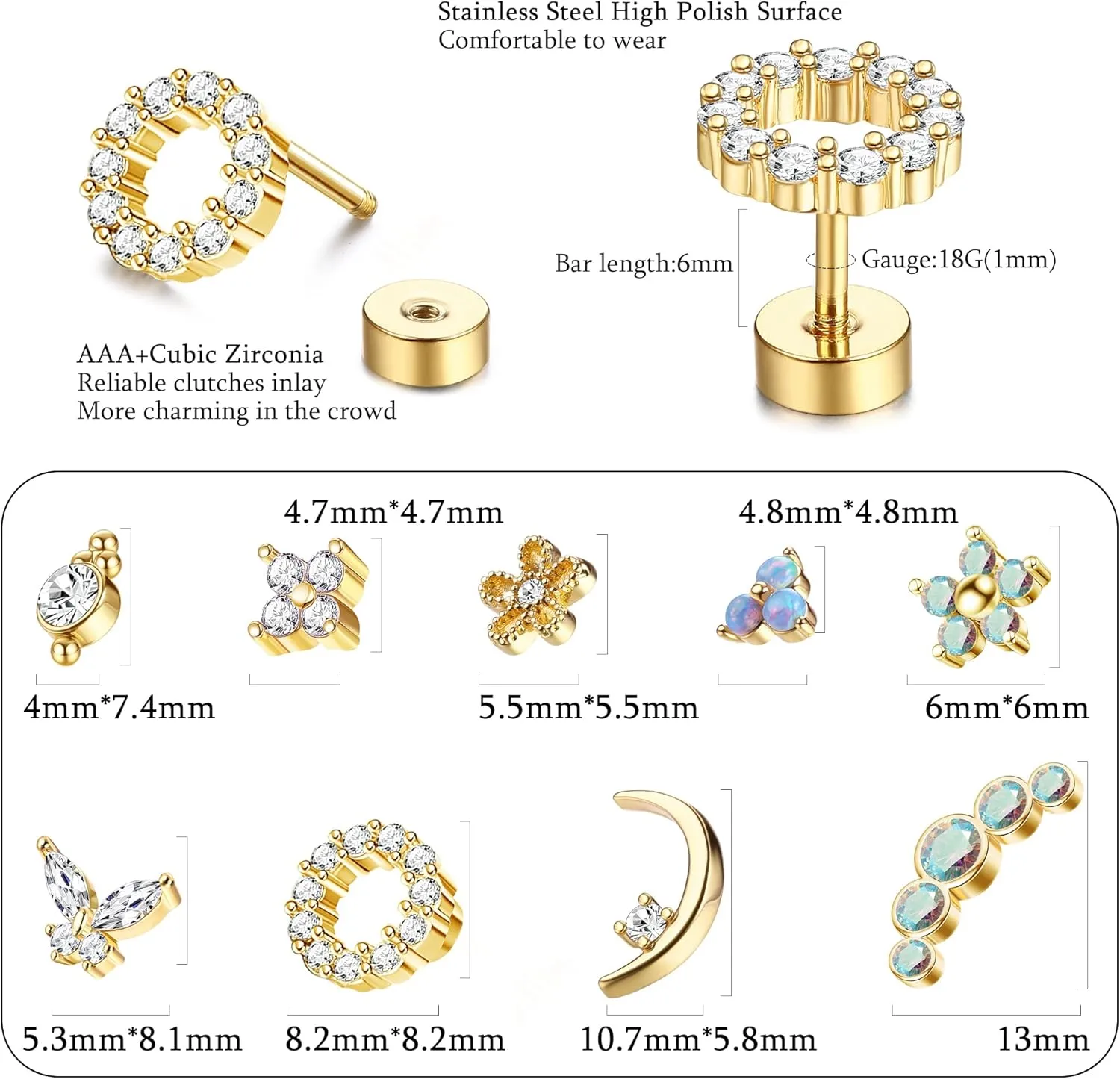Florideco 9Pcs 16G Cartilage Stud Earring for Women 316L Stainless Steel Screw Flat Back Earrings Butterfly Moon Flower Crawler Helix Tragus Daith Piercing Earrings Cute CZ Opal Cartilage Piercing Jewelry