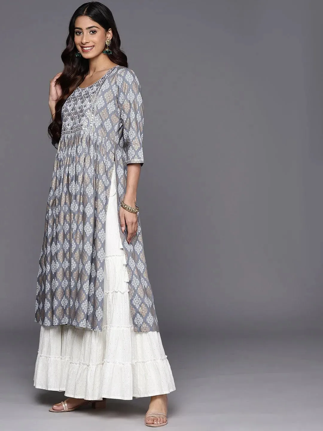 Grey Embellished Rayon A-Line Kurta