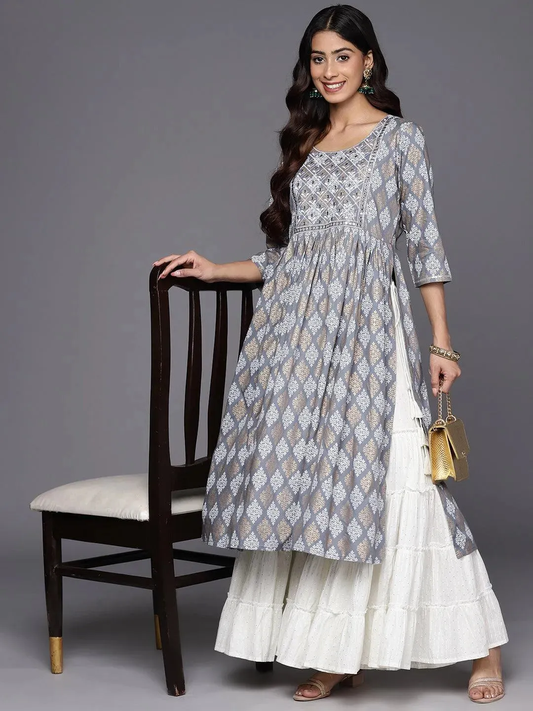 Grey Embellished Rayon A-Line Kurta
