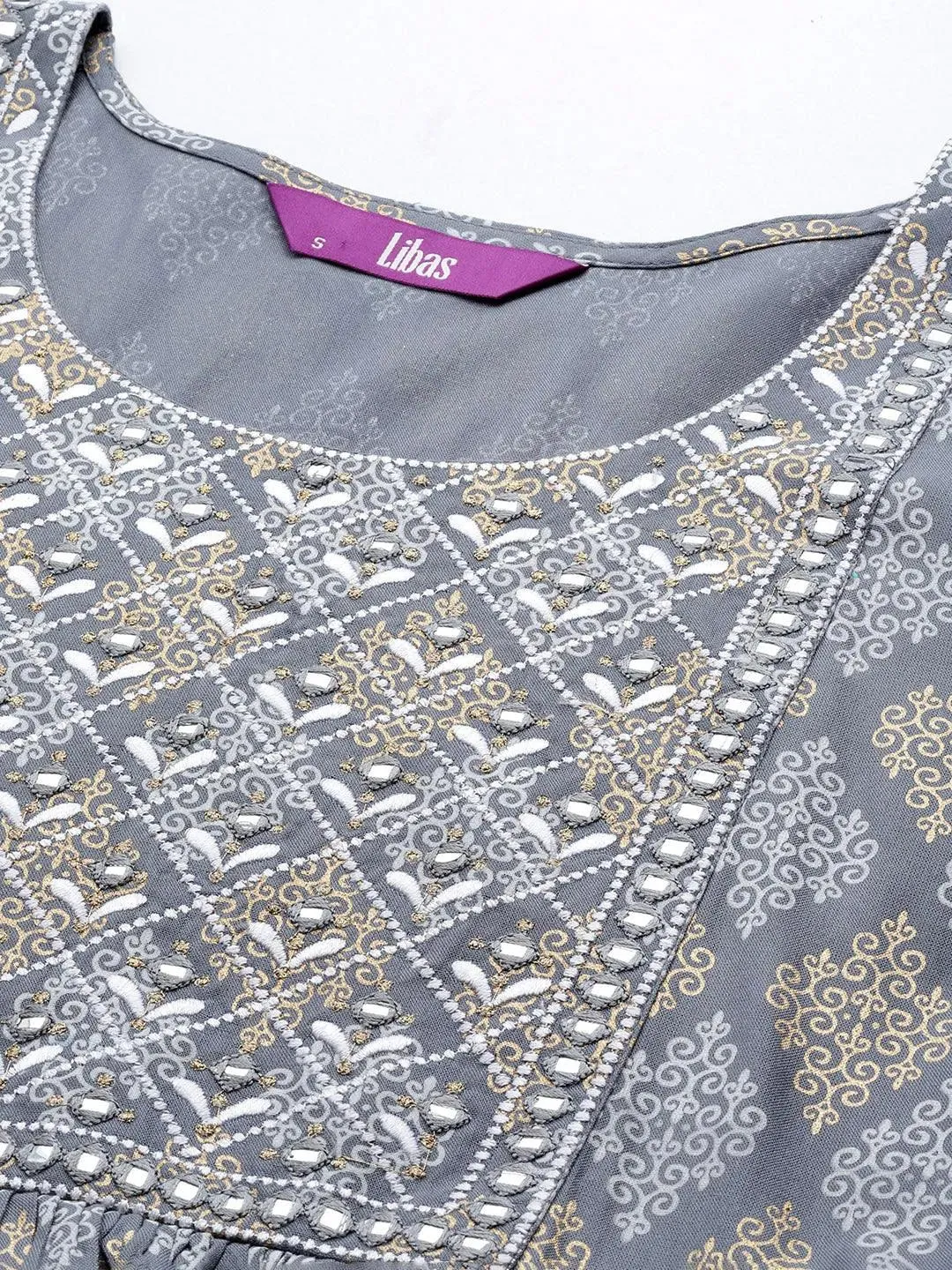 Grey Embellished Rayon A-Line Kurta