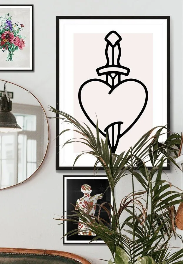 Heart And Dagger Black And White Tattoo Style Print