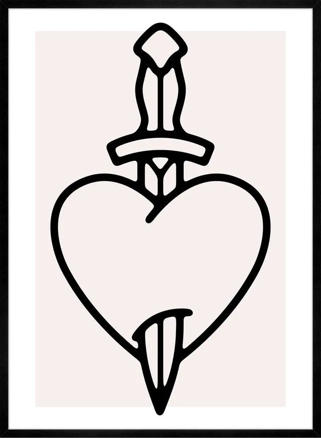 Heart And Dagger Black And White Tattoo Style Print