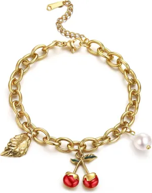 hotoo Charm Heart Chain Bracelet Dainty Cherry Pendent Bracelet For Women Trendy Link Chain Stainless Steel Lightweight Jewelry For Party Christmas Birthday Gifts