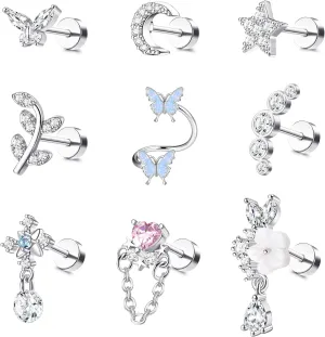 LOLIAS 16 Gauge Cartilage Earrings Helix Earrings for Women Stainless Steel Helix Piercing Jewelry Leaf Butterfly CZ Studs Flat Back Cartilage Earrings