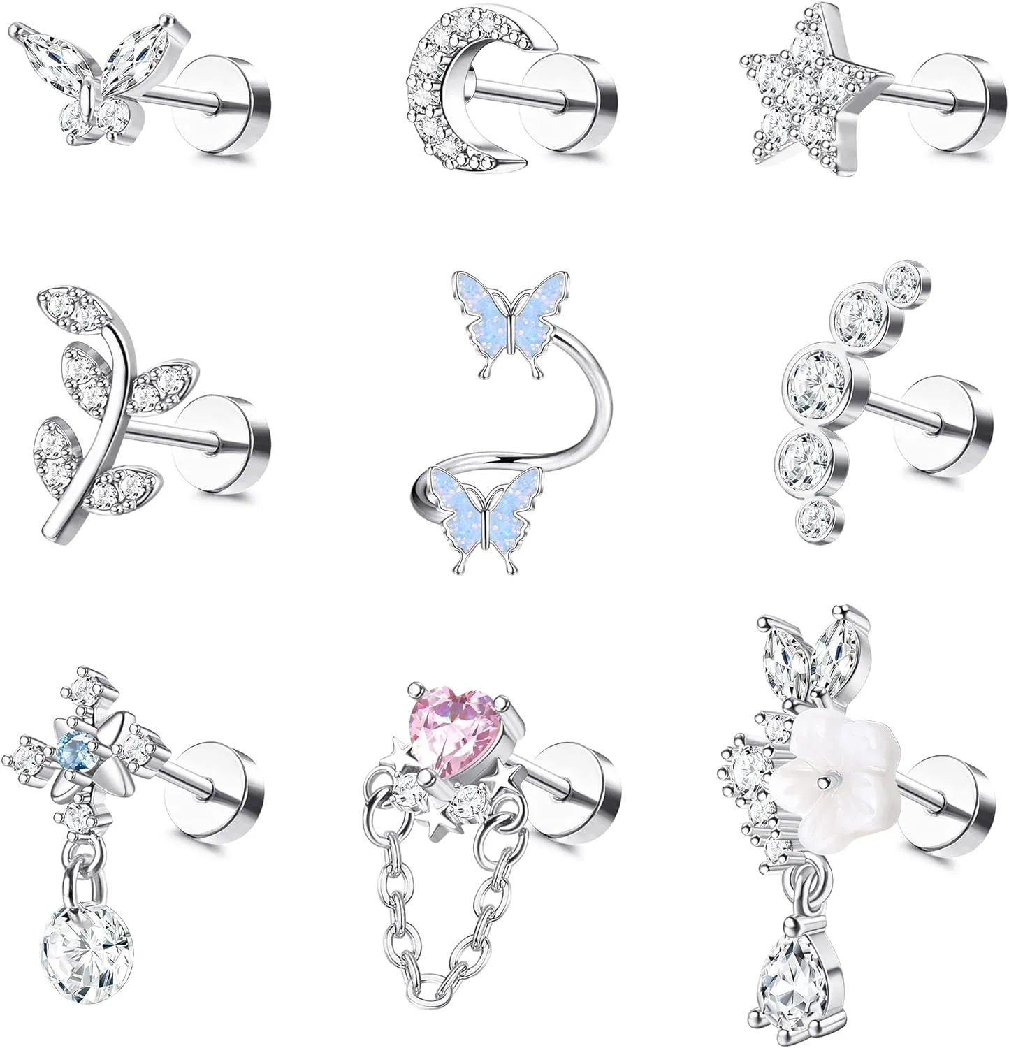 LOLIAS 16 Gauge Cartilage Earrings Helix Earrings for Women Stainless Steel Helix Piercing Jewelry Leaf Butterfly CZ Studs Flat Back Cartilage Earrings