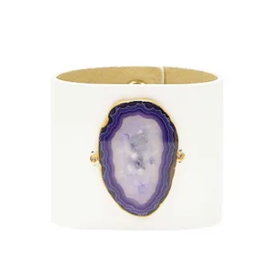 LOVED CUFF - MOONSTONE WHITE LEATHER WITH PURPLE AGATE  L.1.03.006.2101