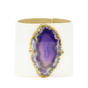 LOVED CUFF - MOONSTONE WHITE LEATHER WITH PURPLE AGATE  S.1.03.006.1099