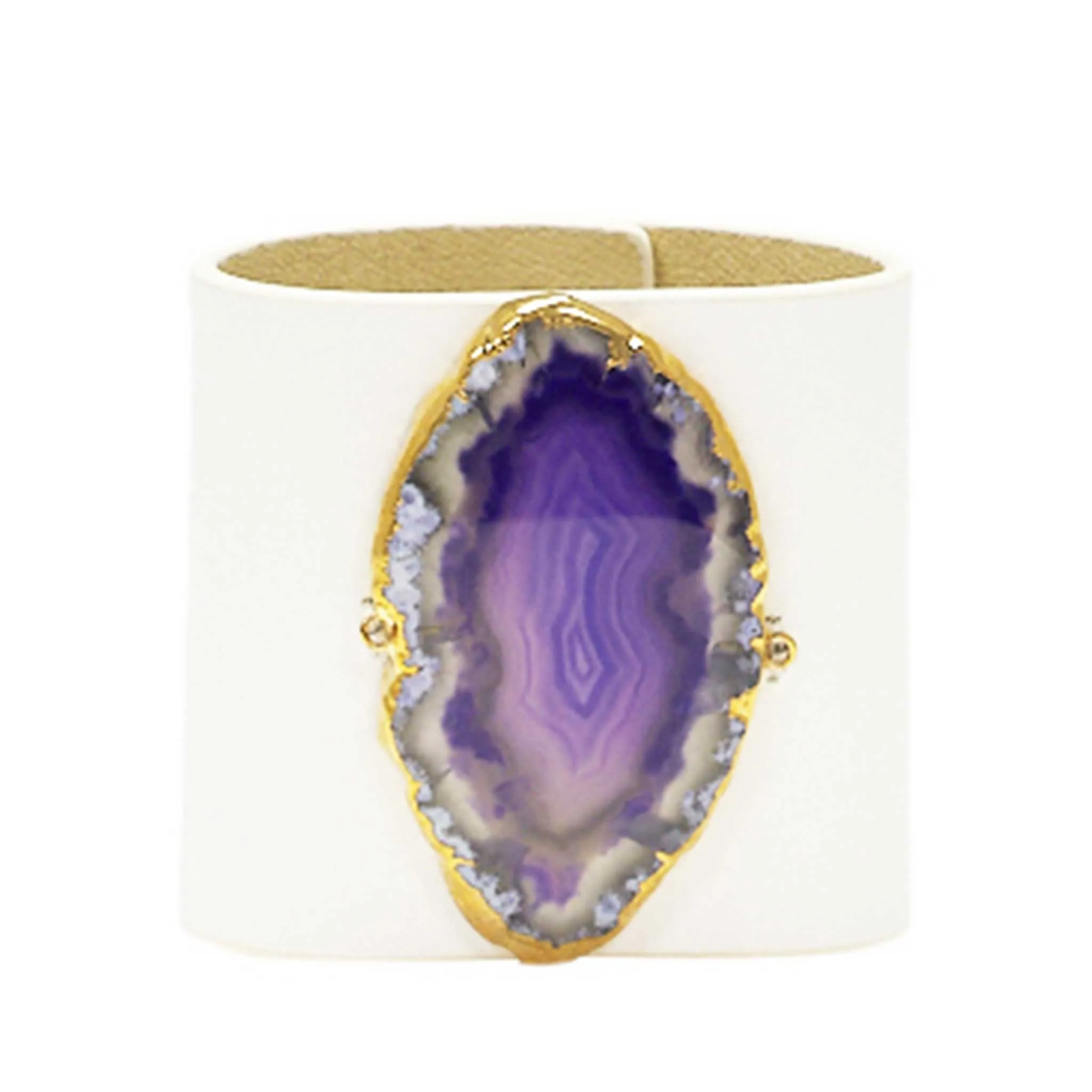 LOVED CUFF - MOONSTONE WHITE LEATHER WITH PURPLE AGATE  S.1.03.006.1099