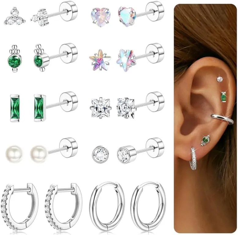 LOYALLOOK Gold Flat Back Earrings for Women Hypoallergenic Surgical Stainless Steel Earrings for Sensitive Ears Cartilage Earring Sets for Multiple Piercing Trendy Flatback Earrings Studs Small Hoop