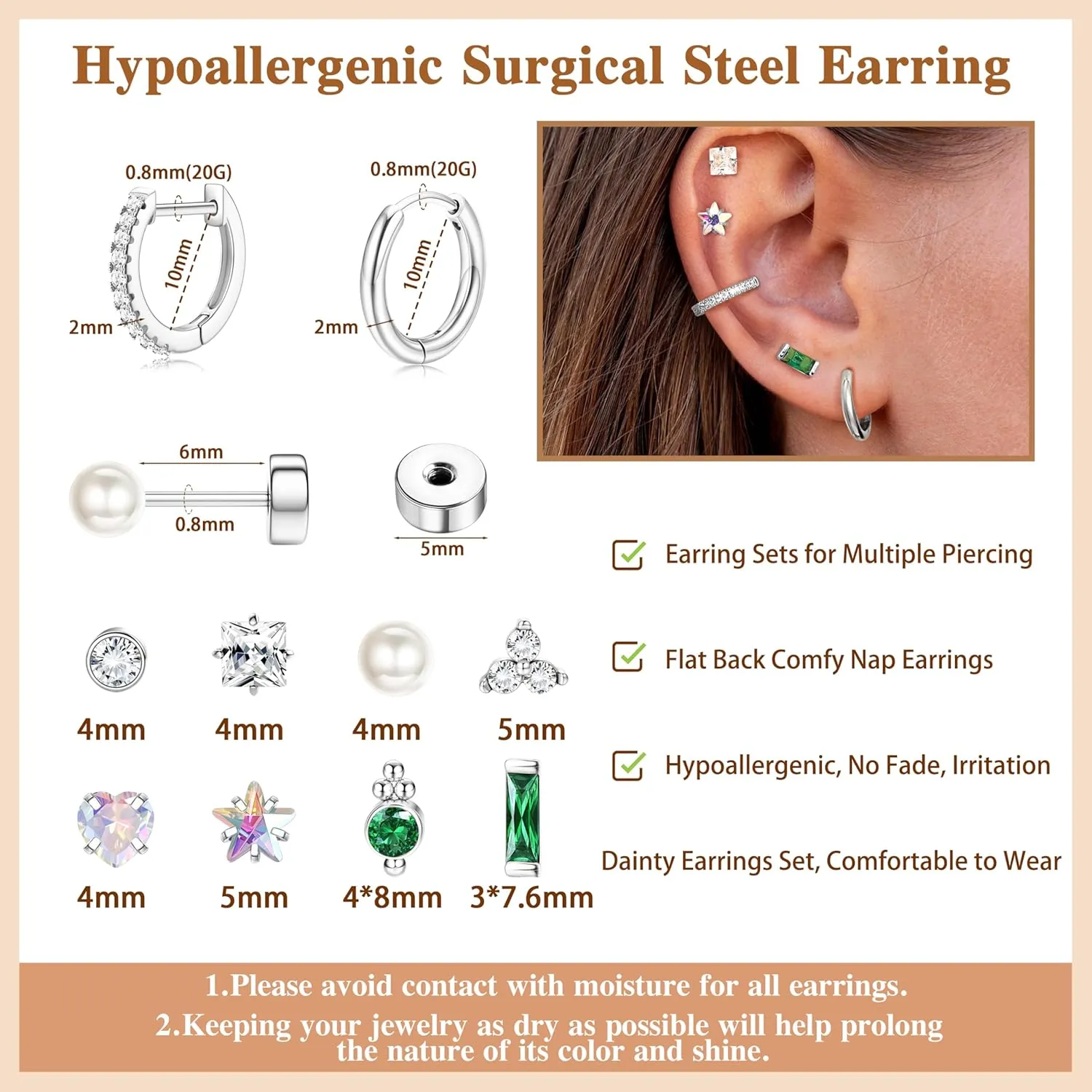 LOYALLOOK Gold Flat Back Earrings for Women Hypoallergenic Surgical Stainless Steel Earrings for Sensitive Ears Cartilage Earring Sets for Multiple Piercing Trendy Flatback Earrings Studs Small Hoop