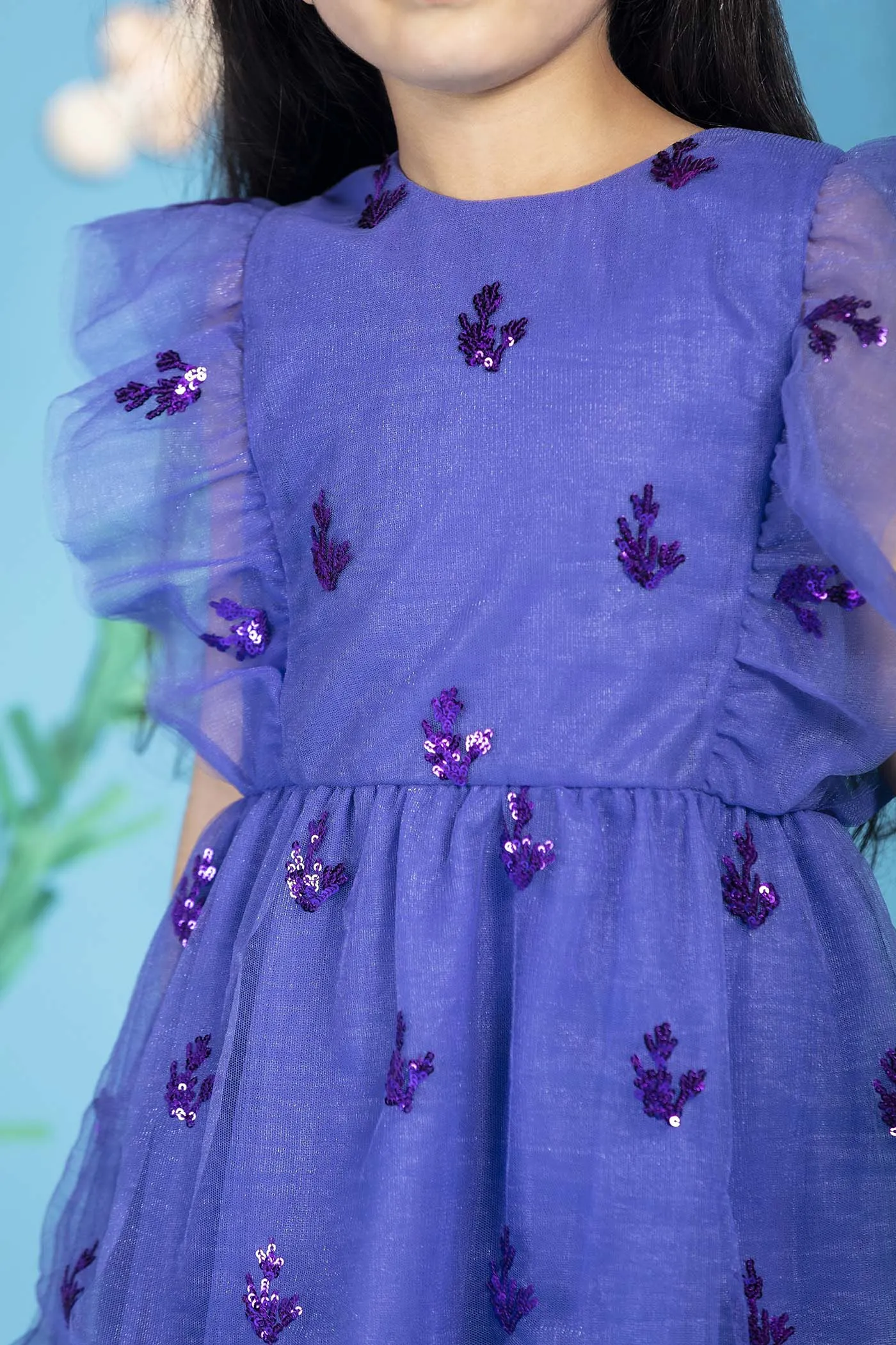 Monica Stylish Sequins Embroidered Sparkle Net Girls Dress - Iris
