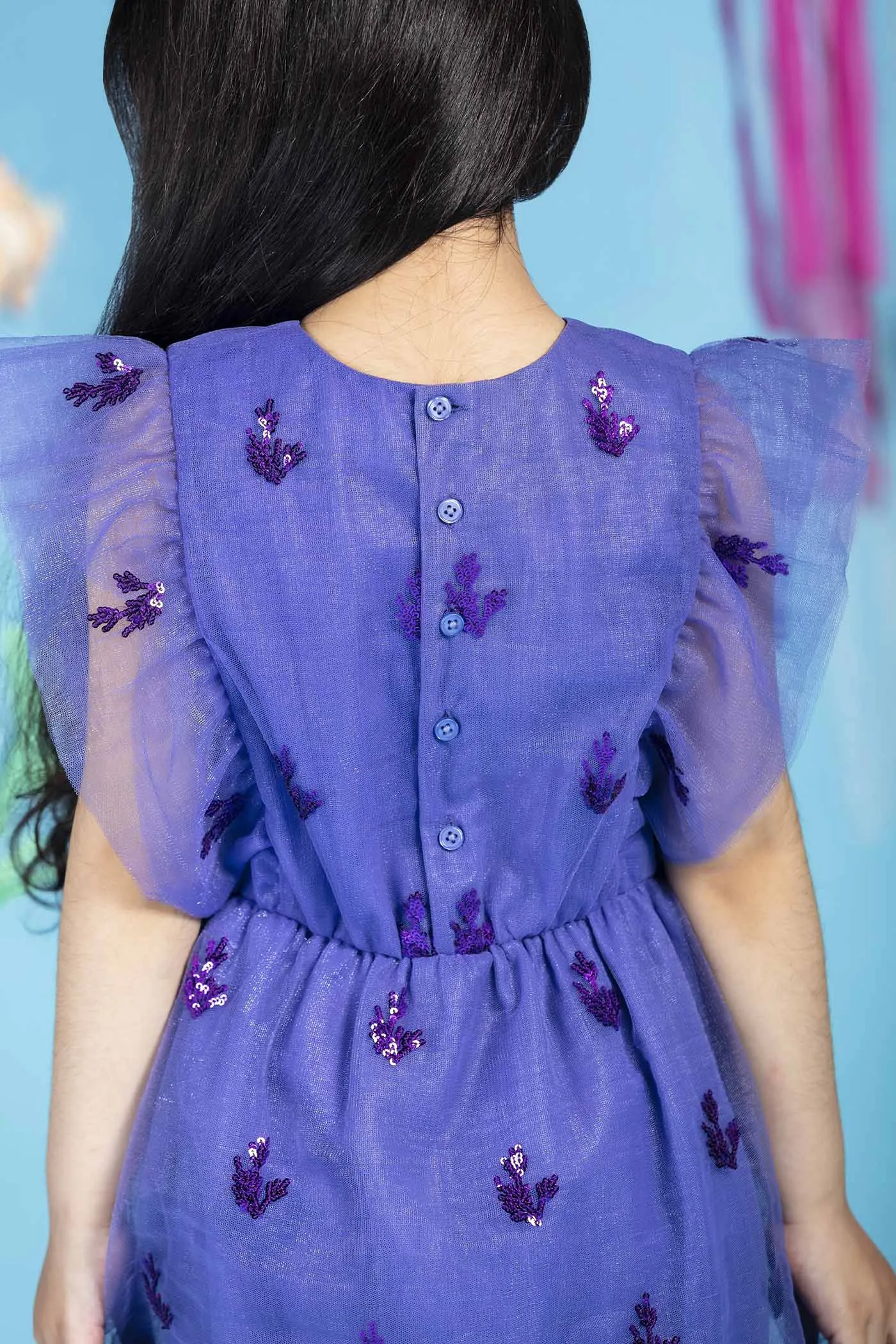 Monica Stylish Sequins Embroidered Sparkle Net Girls Dress - Iris