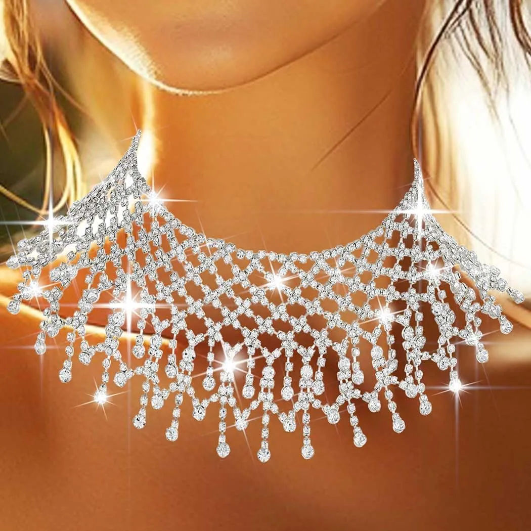 Nicute Rhinestone Choker Necklace Silver Crystal Necklaces Bling Wedding Prom Necklace Jewelry for Women