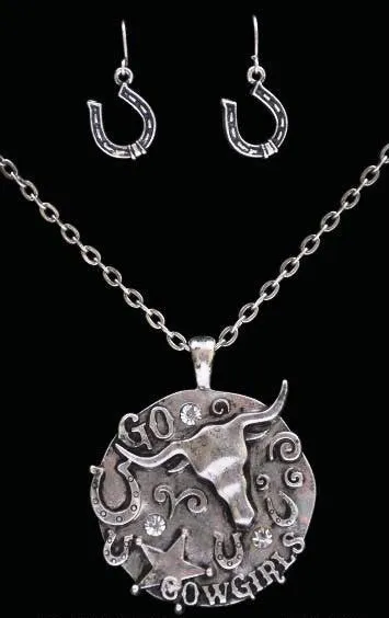 "Go Cowgirl" Western Silver Necklace and Matching Earrings