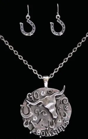 "Go Cowgirl" Western Silver Necklace and Matching Earrings