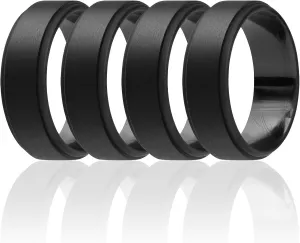 ROQ Silicone Rubber Wedding Ring for Men, Comfort Fit, Men's Wedding Band, Breathable Rubber Engagement Band, 8mm Wide 2mm Thick, Step Edge, 4 Pack, Black, Size 10