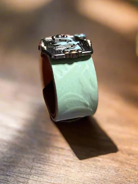 Sandra Ling Thunderbird Mint Leather Embossed Snap Closure Bracelet