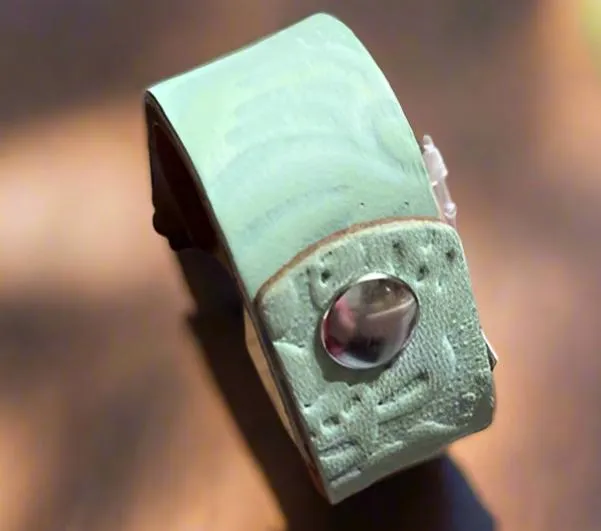 Sandra Ling Thunderbird Mint Leather Embossed Snap Closure Bracelet