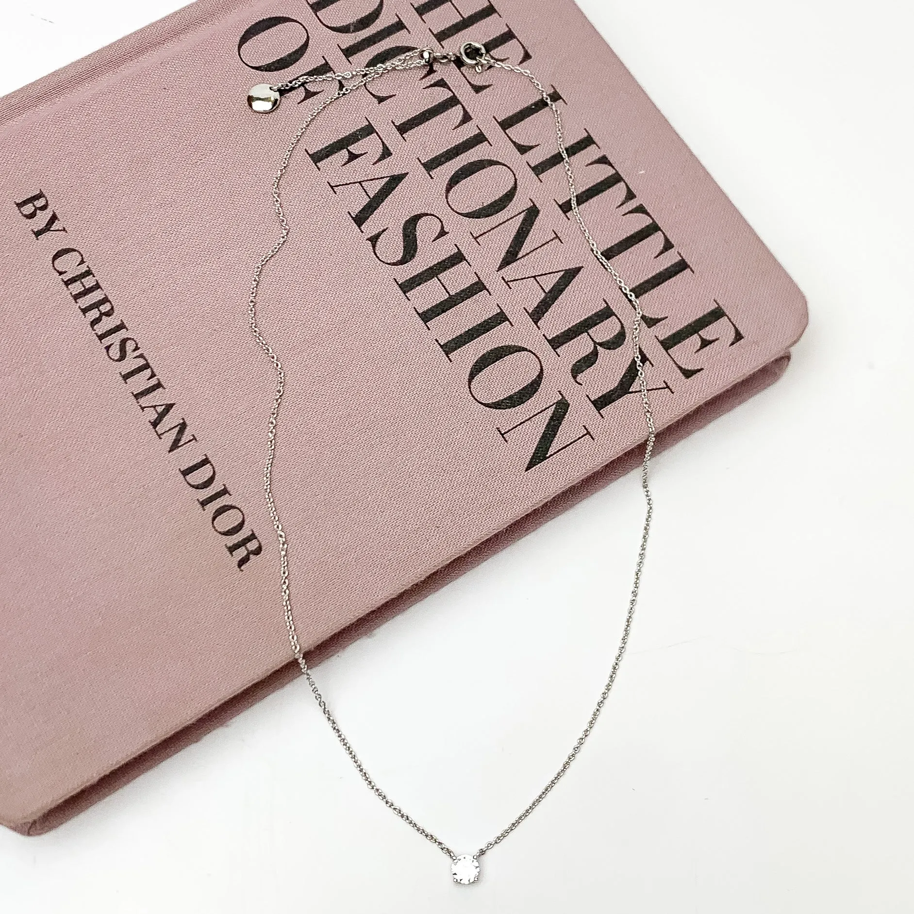 Silver Tone Simple Necklace With Clear Crystal