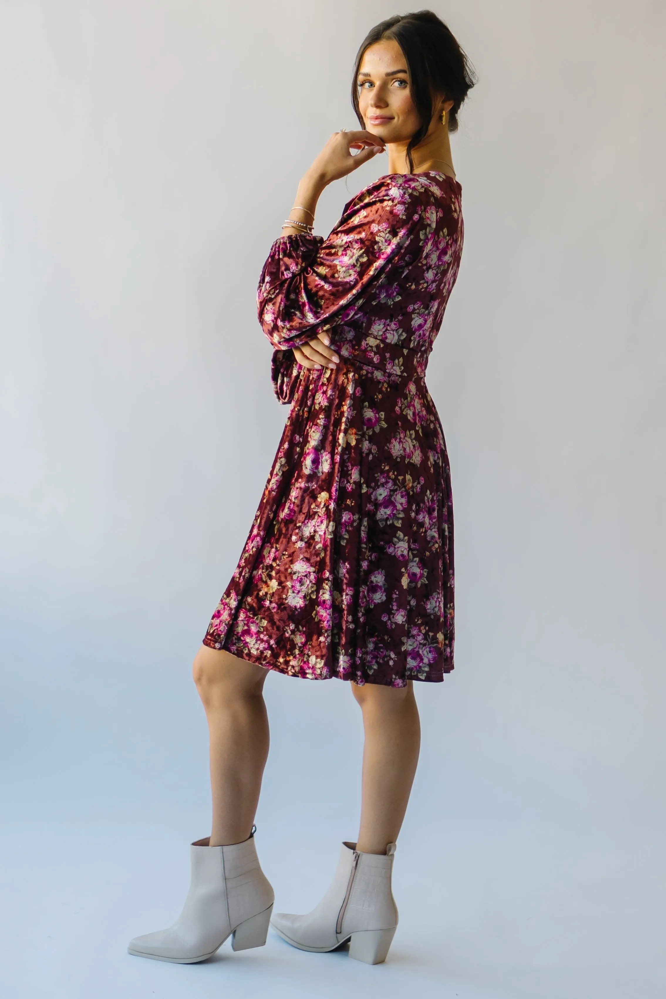 The Zaden V-Neck Velvet Floral Dress in Auburn