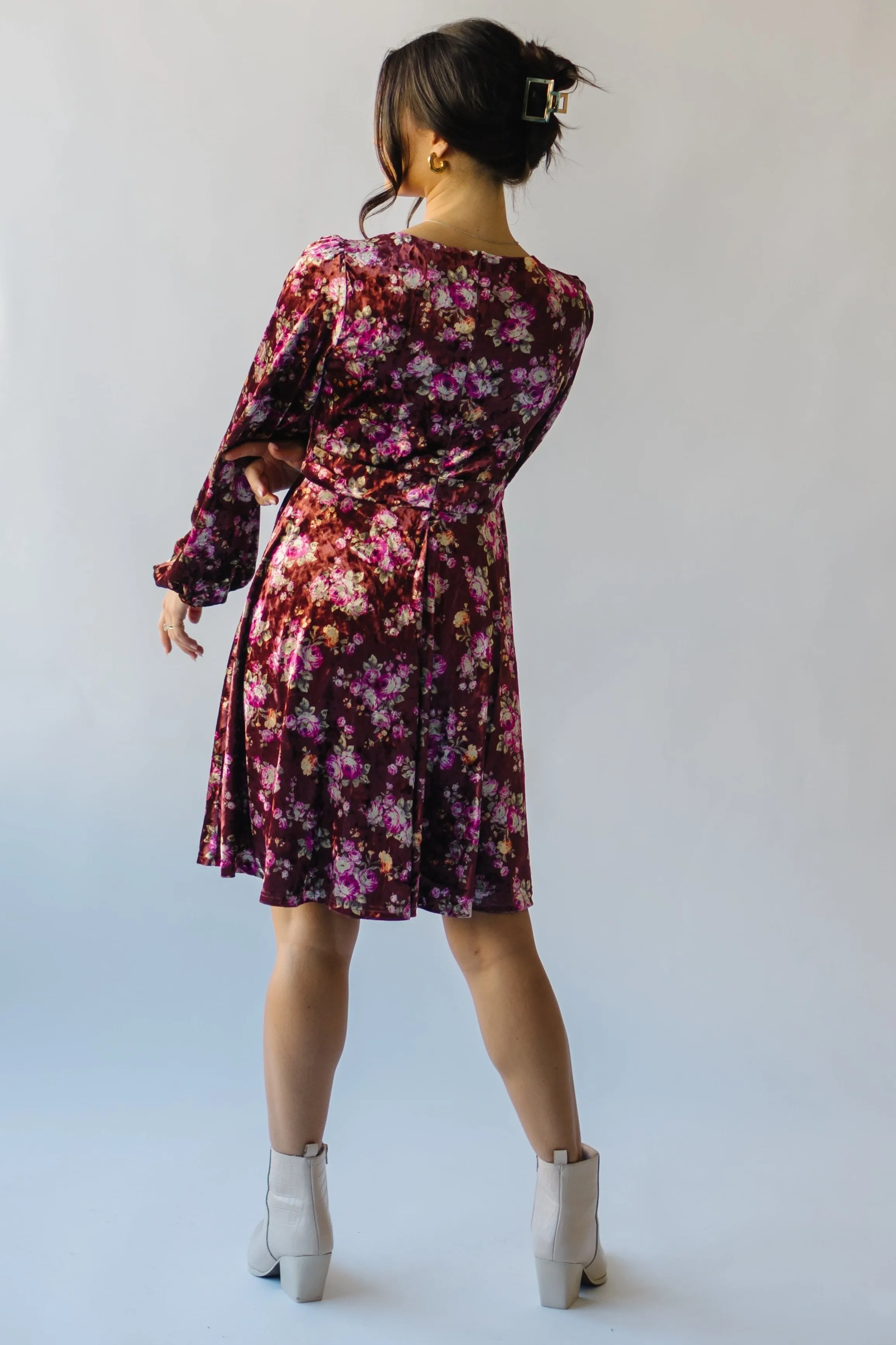The Zaden V-Neck Velvet Floral Dress in Auburn