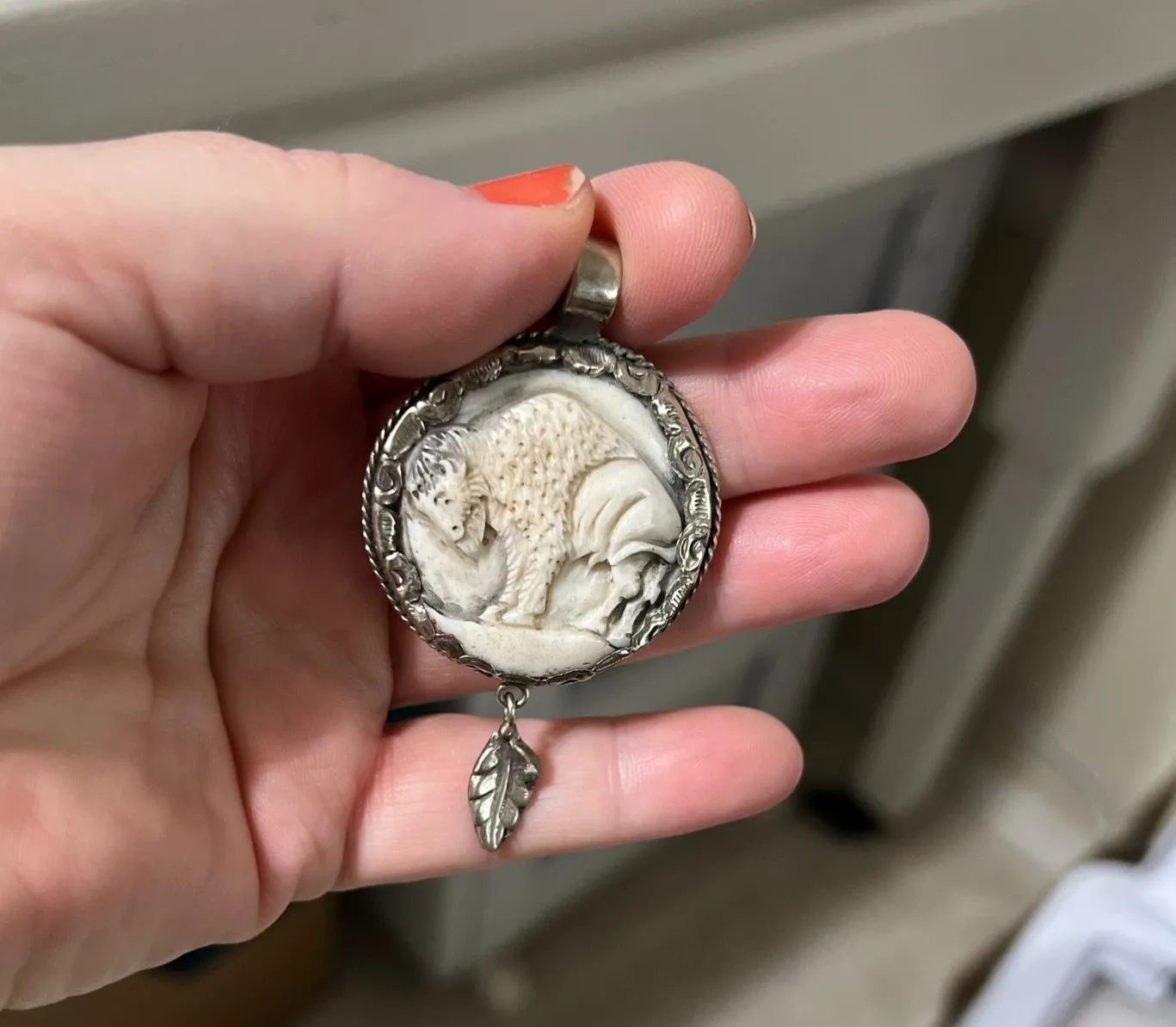 Tibetan Silver Buffalo/Indian Hand Carved Bone Pendant
