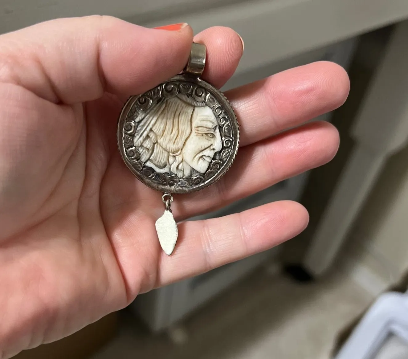 Tibetan Silver Buffalo/Indian Hand Carved Bone Pendant